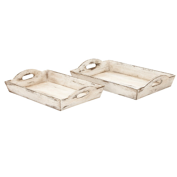 Benzara Benzara Distressed Wooden Serving Trays With Handles Set Of 2 White - BM46891