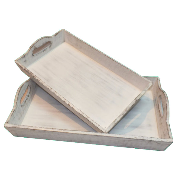 Benzara Benzara Distressed Wooden Serving Trays With Handles Set Of 2 White - BM46891