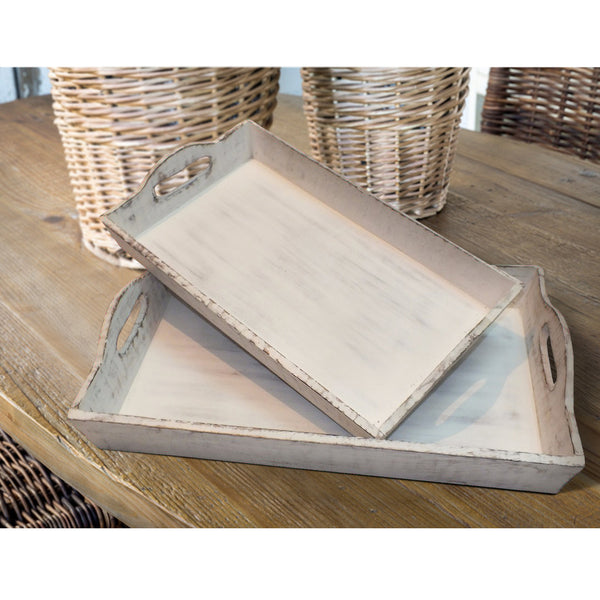 benzara Benzara Distressed Wooden Serving Trays With Handles Set Of 2 White - BM46891