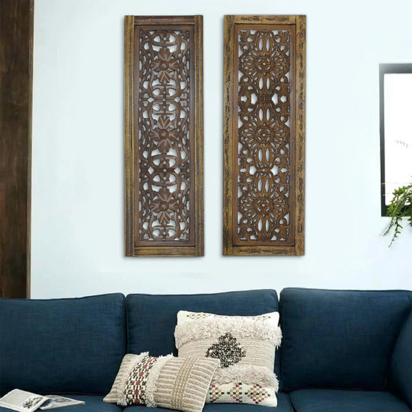 benzara Benzara Floral Hand Carved Wooden Wall Panels Assortment of Two Brown - BM01881