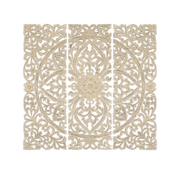 Benzara Benzara Floral Hand Carved Wooden Wall Plaque Set Of Three Antique White - BM00070
