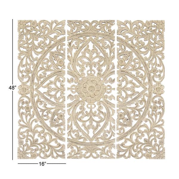 Benzara Benzara Floral Hand Carved Wooden Wall Plaque Set Of Three Antique White - BM00070