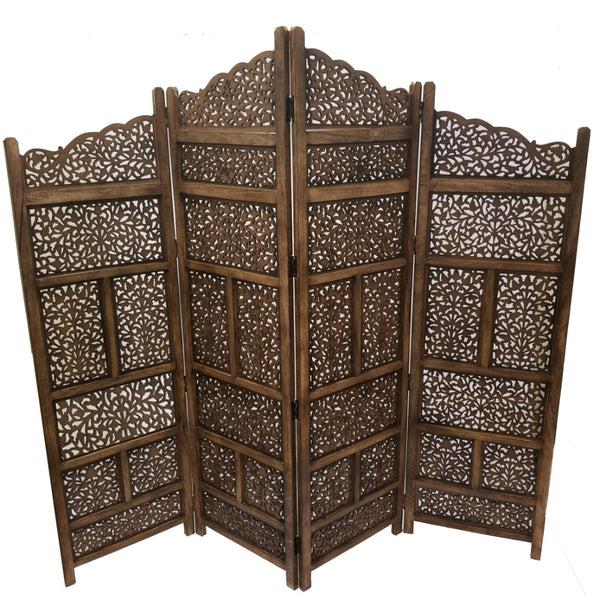 Benzara Benzara Hand Carved Foldable 4-Panel Wooden Partition Screen/RoomDivider Brown - BM01875