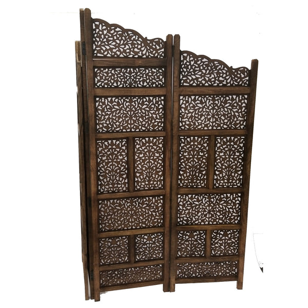 Benzara Benzara Hand Carved Foldable 4-Panel Wooden Partition Screen/RoomDivider Brown - BM01875