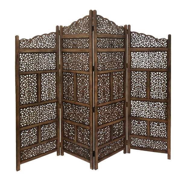 Benzara Benzara Hand Carved Foldable 4-Panel Wooden Partition Screen/RoomDivider Brown - BM01875