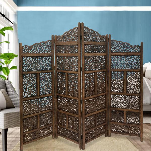 benzara Benzara Hand Carved Foldable 4-Panel Wooden Partition Screen/RoomDivider Brown - BM01875