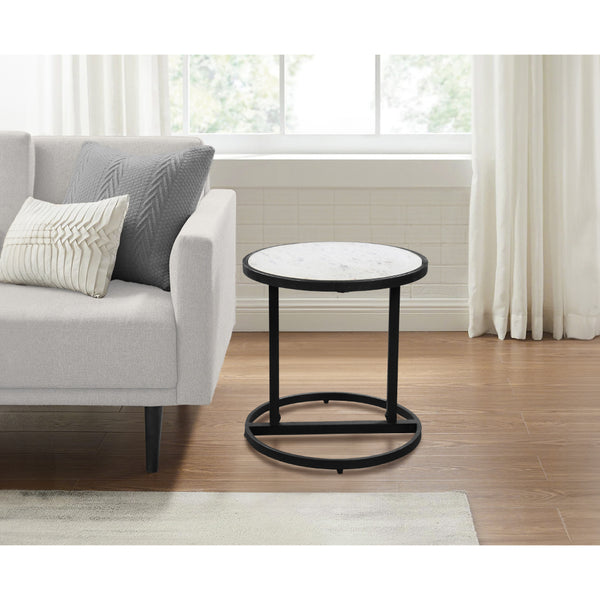 Benzara Beri 18 Inch Side End Table Round White Natural Marble Top Classic Slim Black Iron Frame- UPT-273465