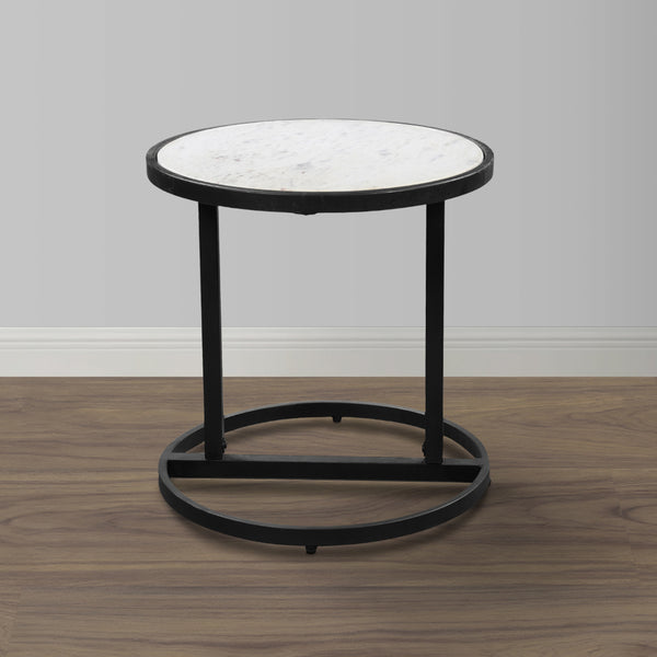 Benzara Beri 18 Inch Side End Table Round White Natural Marble Top Classic Slim Black Iron Frame- UPT-273465