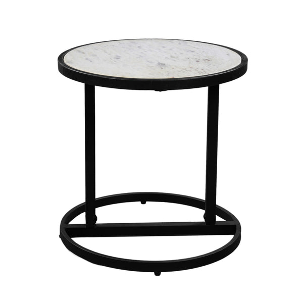 Benzara Beri 18 Inch Side End Table Round White Natural Marble Top Classic Slim Black Iron Frame- UPT-273465