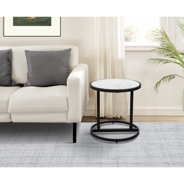 benzara Beri 18 Inch Side End Table Round White Natural Marble Top Classic Slim Black Iron Frame- UPT-273465