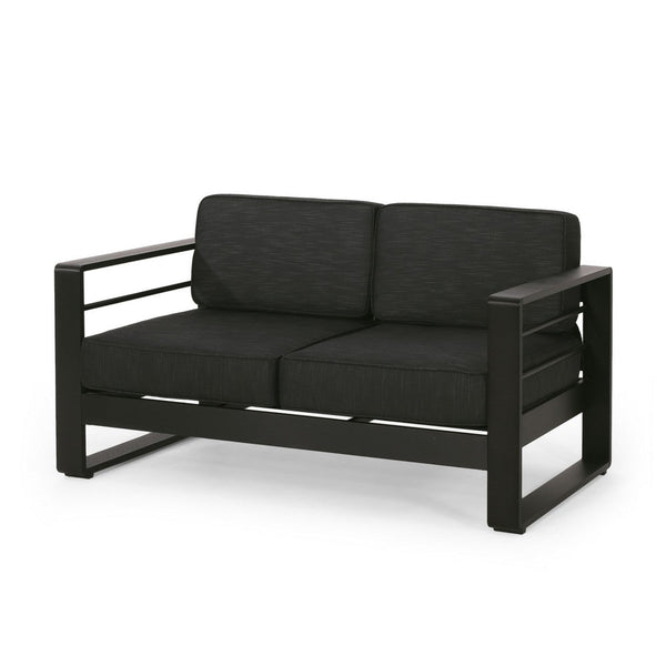 Benzara Besy Outdoor Loveseat Black Cushion And Square Metal Frame 57 Inch -BM335160