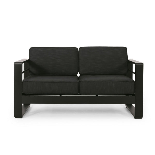 benzara Besy Outdoor Loveseat Black Cushion and Square Metal Frame 57 Inch -BM335160