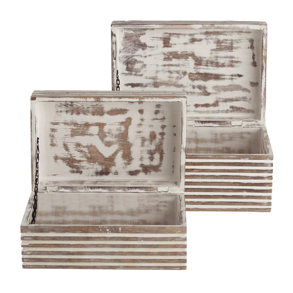 Benzara Block Stripe Pattern 2 Piece Rectangular Wooden Jewelry Box Whitewash - UPT-226034