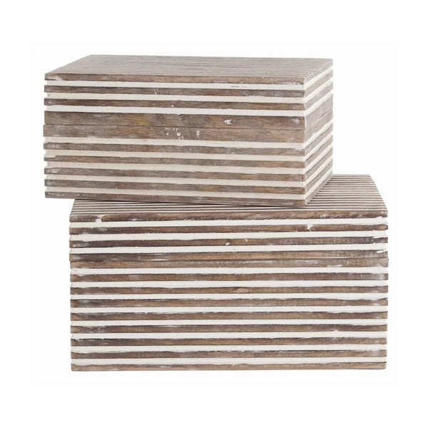 Benzara Block Stripe Pattern 2 Piece Rectangular Wooden Jewelry Box Whitewash - UPT-226034