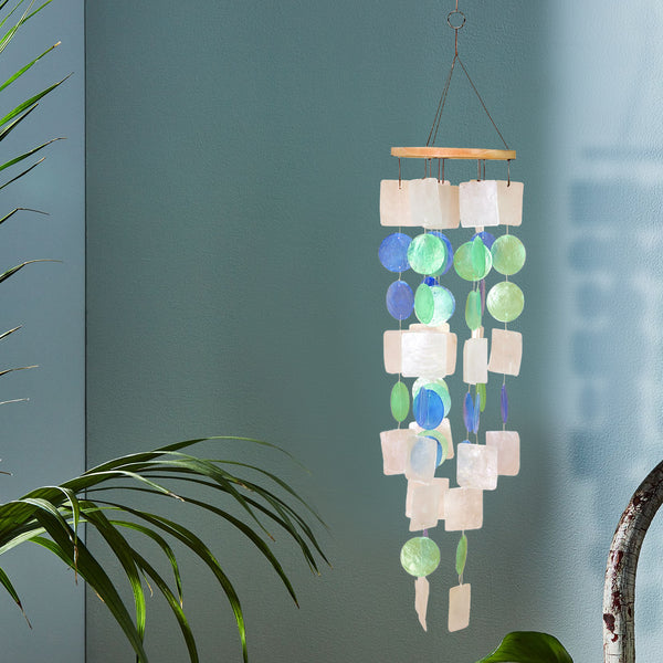 benzara BM02690 - Coastal Inspired Wind Chime with Wooden Round Top and Ring Handle Multicolor