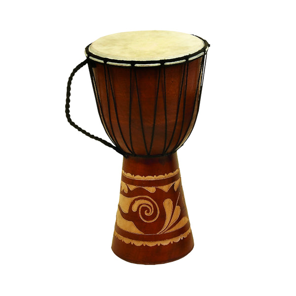 Benzara BM06826 Decorative Wood And Faux Leather Djembe Drum With Side Handle Large Brown And Cream