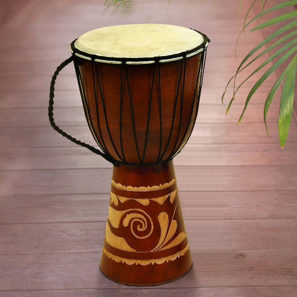 benzara BM06826 Decorative Wood and Faux Leather Djembe Drum with Side Handle Large Brown and Cream