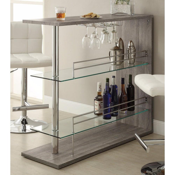 benzara BM158033 Radiant Rectangular Bar Table with 2 Shelves and Wine Holder Gray