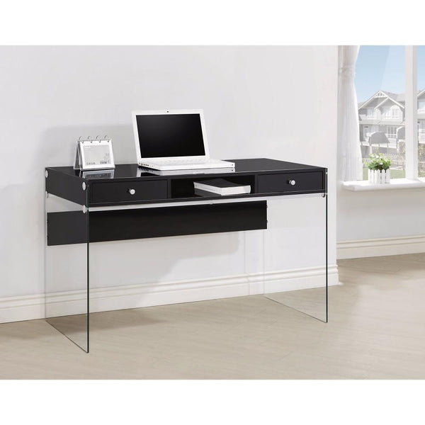 benzara BM159096 Elegant Metal Writing Desk with Glass Sides Clear And Black