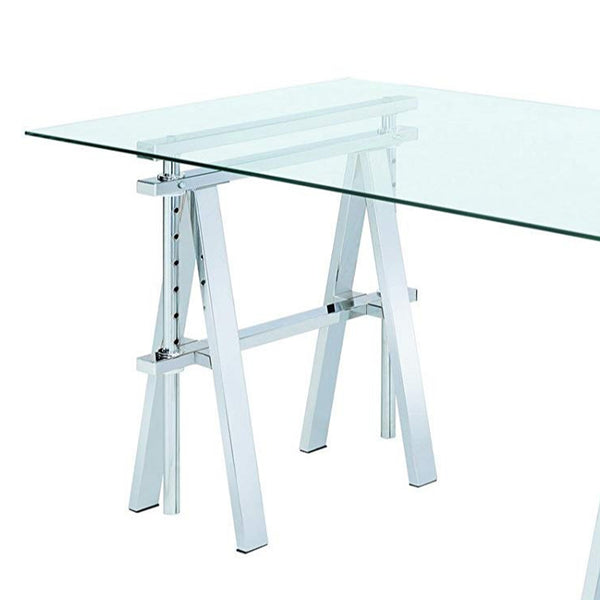 Benzara BM159103 Adjustable Writing Desk With Sawhorse Legs Clear And Silver