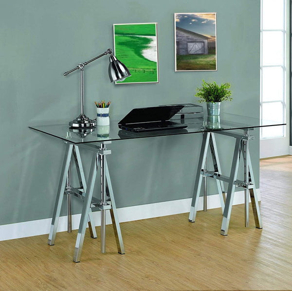 benzara BM159103 Adjustable Writing Desk with Sawhorse Legs Clear And Silver