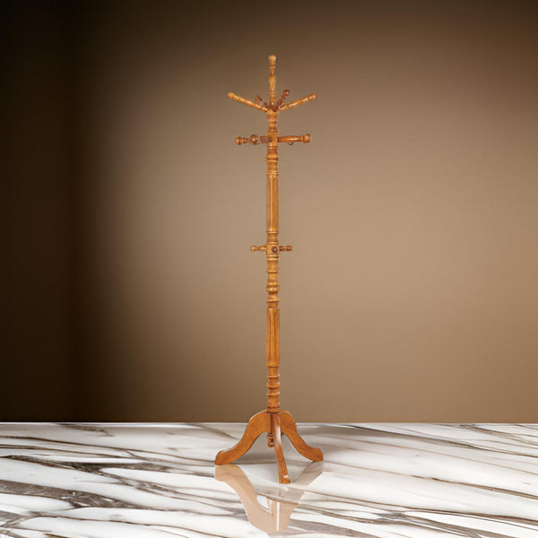 benzara BM160074 Traditional Wooden Coat Rack With Spining Top Brown