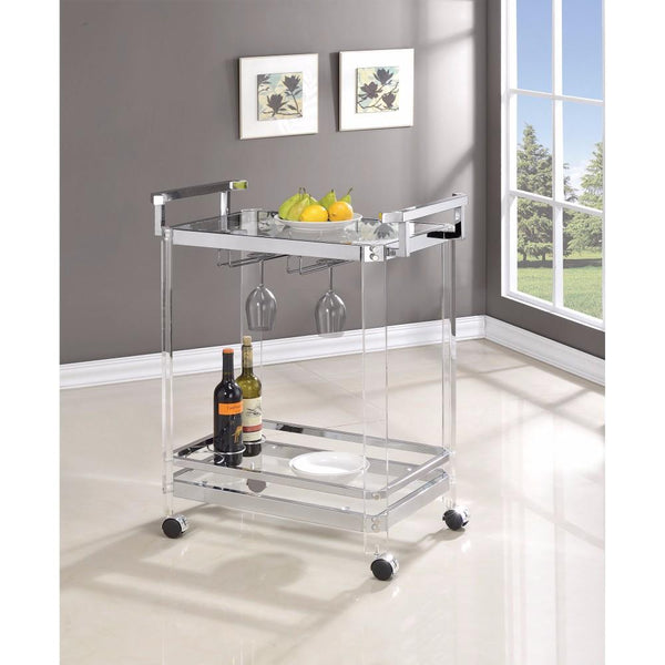 benzara BM160122 Stylish Metal Base Serving Cart With Glass Top Clear