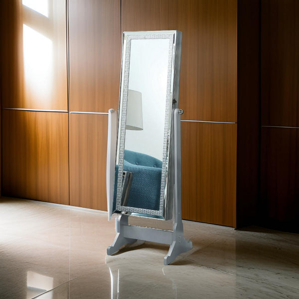 benzara BM160133 Captivating Jewelry Cheval Mirror With Interior Storage Silver