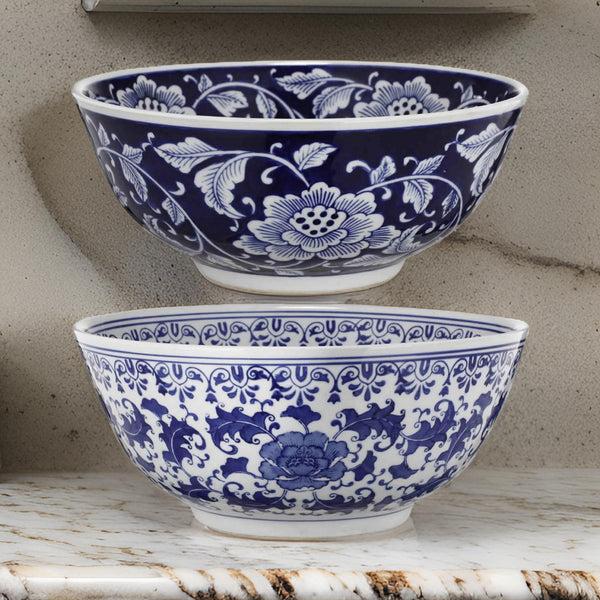 Benzara BM165651 Set Of 2 Ceramic Bowls Blue And White