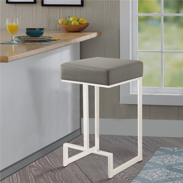 benzara BM168067 Bar Stool with Upholstered Gray Seat with Chrome Base