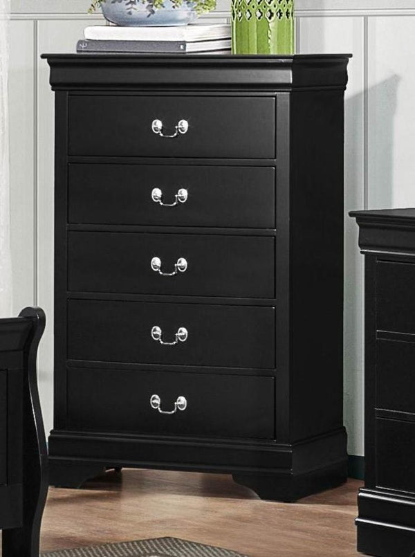 benzara BM174484 5 Drawers Wooden Chest With Silver Pulls Black