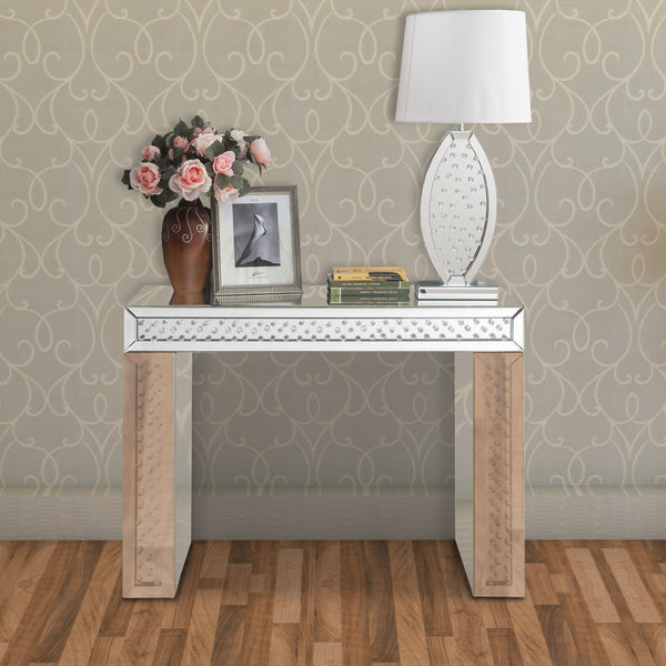 benzara BM185336 Mirror Accented Wood And Glass Vanity Desk With Faux Crystal Inlay Silver