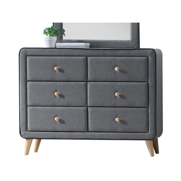 benzara BM185688 Transitional Style Wood and Fabric Upholstery Dresser with 6 Drawers Gray