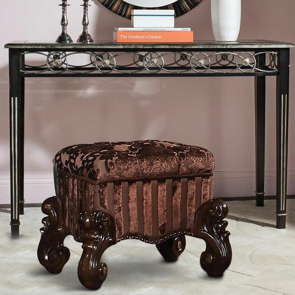 Benzara BM185873 Tufted Fabric Upholstered Wooden Vanity Stool With Scrolled Legs Cherry Oak Brown