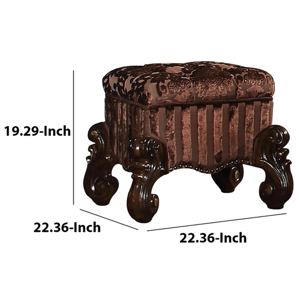 Benzara BM185873 Tufted Fabric Upholstered Wooden Vanity Stool With Scrolled Legs Cherry Oak Brown