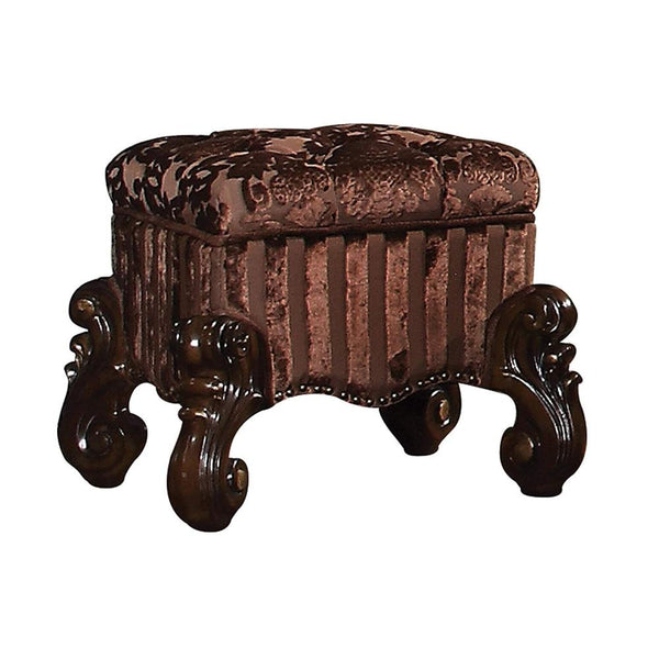 benzara BM185873 Tufted Fabric Upholstered Wooden Vanity Stool with Scrolled Legs Cherry Oak brown