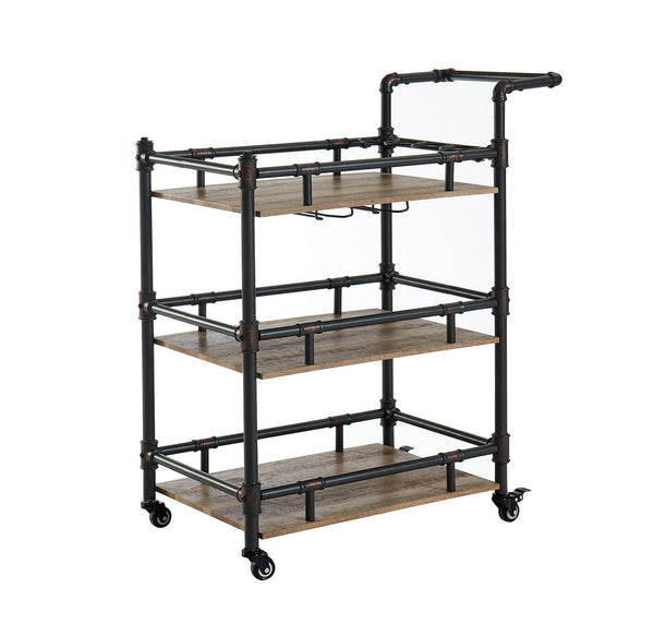 Benzara BM188330 - Rustic Three Tier Wood And Metal Serving Cart Black And Brown