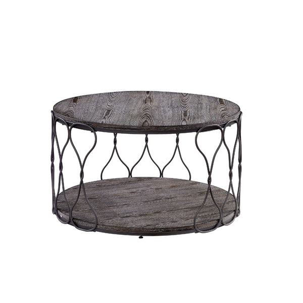 Benzara BM188342 - Industrial Style Round Metal And Solid Wood Coffee Table With Open Bottom Shelf Gray And Brown