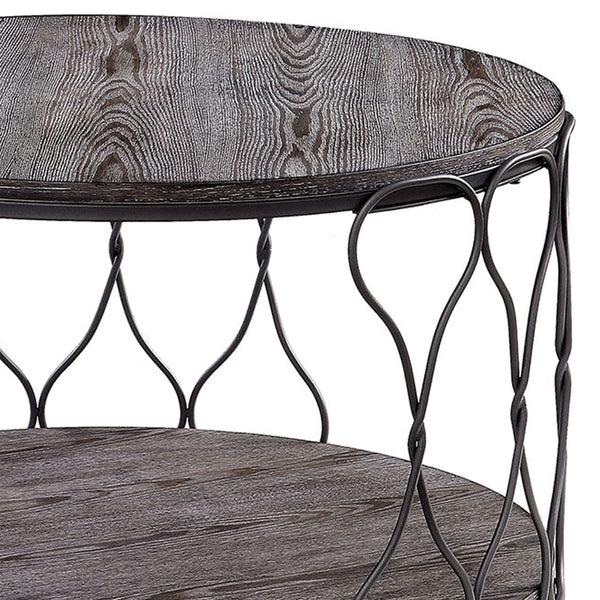 Benzara BM188342 - Industrial Style Round Metal And Solid Wood Coffee Table With Open Bottom Shelf Gray And Brown