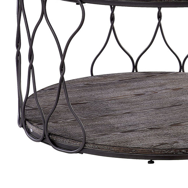 Benzara BM188342 - Industrial Style Round Metal And Solid Wood Coffee Table With Open Bottom Shelf Gray And Brown