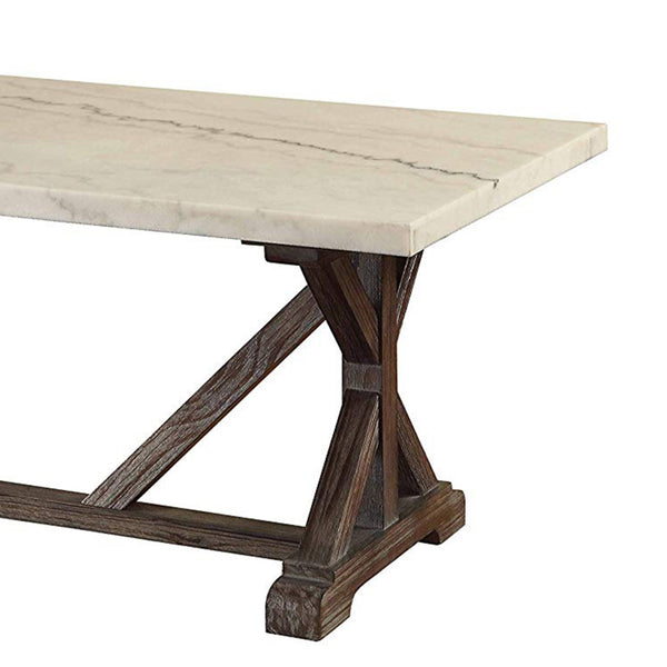 Benzara BM191236 - Marble Rectangle Shaped Coffee Table With Wooden Trestle Base White And Espresso Brown