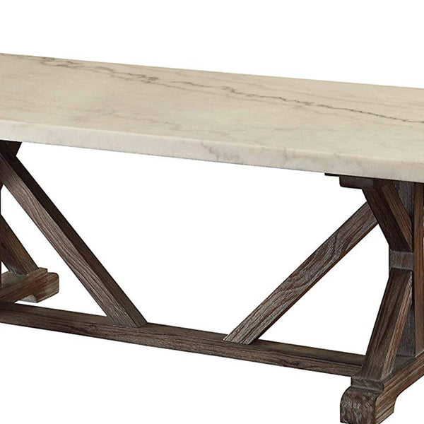 Benzara BM191236 - Marble Rectangle Shaped Coffee Table With Wooden Trestle Base White And Espresso Brown