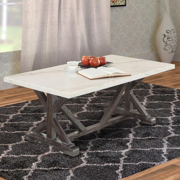 benzara BM191236 - Marble Rectangle Shaped Coffee Table with Wooden Trestle Base White and Espresso Brown