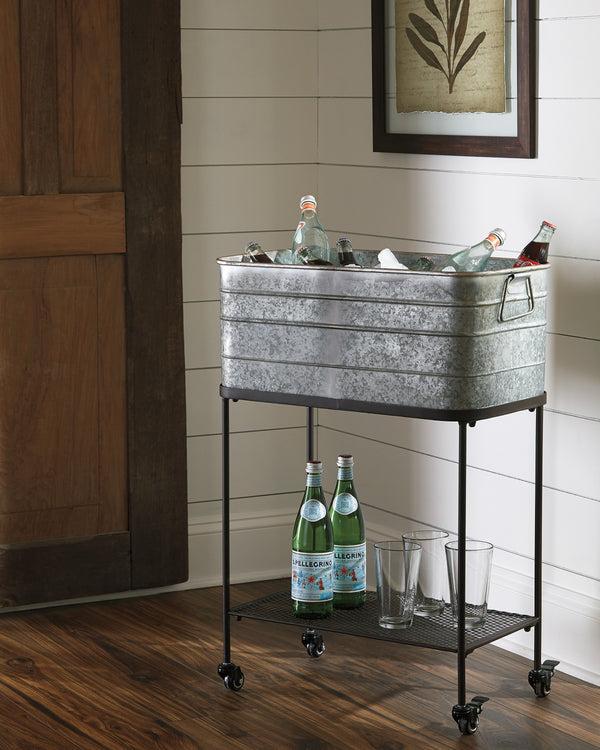 benzara BM193778 - Rectangular Metal Beverage Tub with Stand and Open Grid Shelf Gray and Black