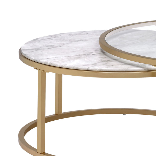 Benzara BM193836 -Metal Framed Nesting Coffee Tables With Glass And Marble Tops Set Of Two Gold