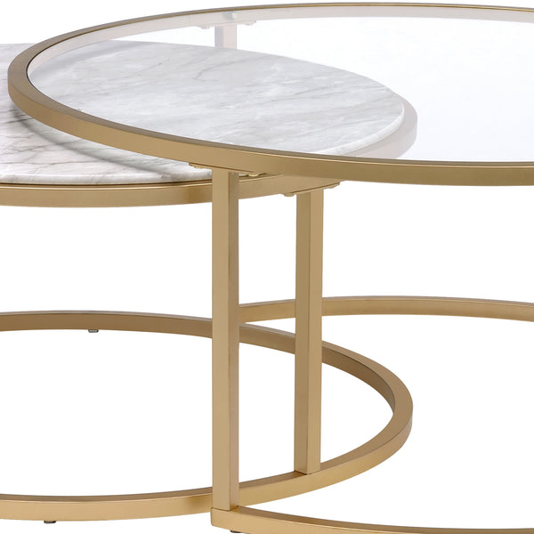 Benzara BM193836 -Metal Framed Nesting Coffee Tables With Glass And Marble Tops Set Of Two Gold