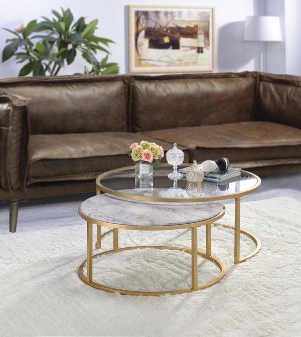 benzara BM193836 -Metal Framed Nesting Coffee Tables with Glass and Marble Tops Set of Two Gold