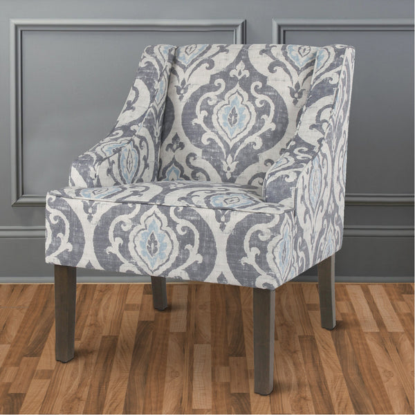 benzara BM193999 - Fabric Upholstered Wooden Accent Chair with Swooping Armrests and Damask Pattern Design Multicolor