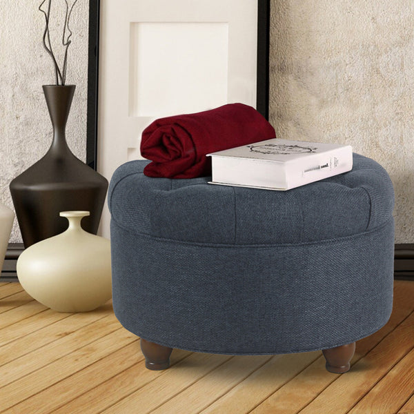 benzara BM194138 - Fabric Upholstered Wooden Ottoman with Tufted Lift Off Lid Storage Navy Blue