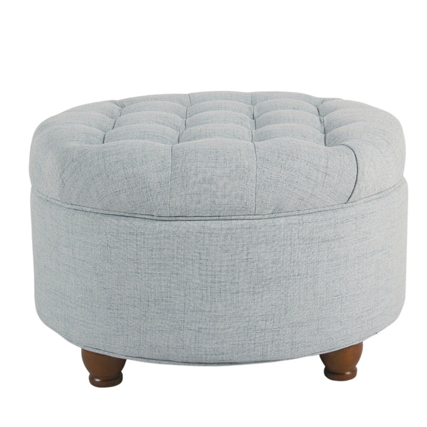benzara BM194140 - Fabric Upholstered Wooden Ottoman with Tufted Lift Off Lid Storage Light Blue